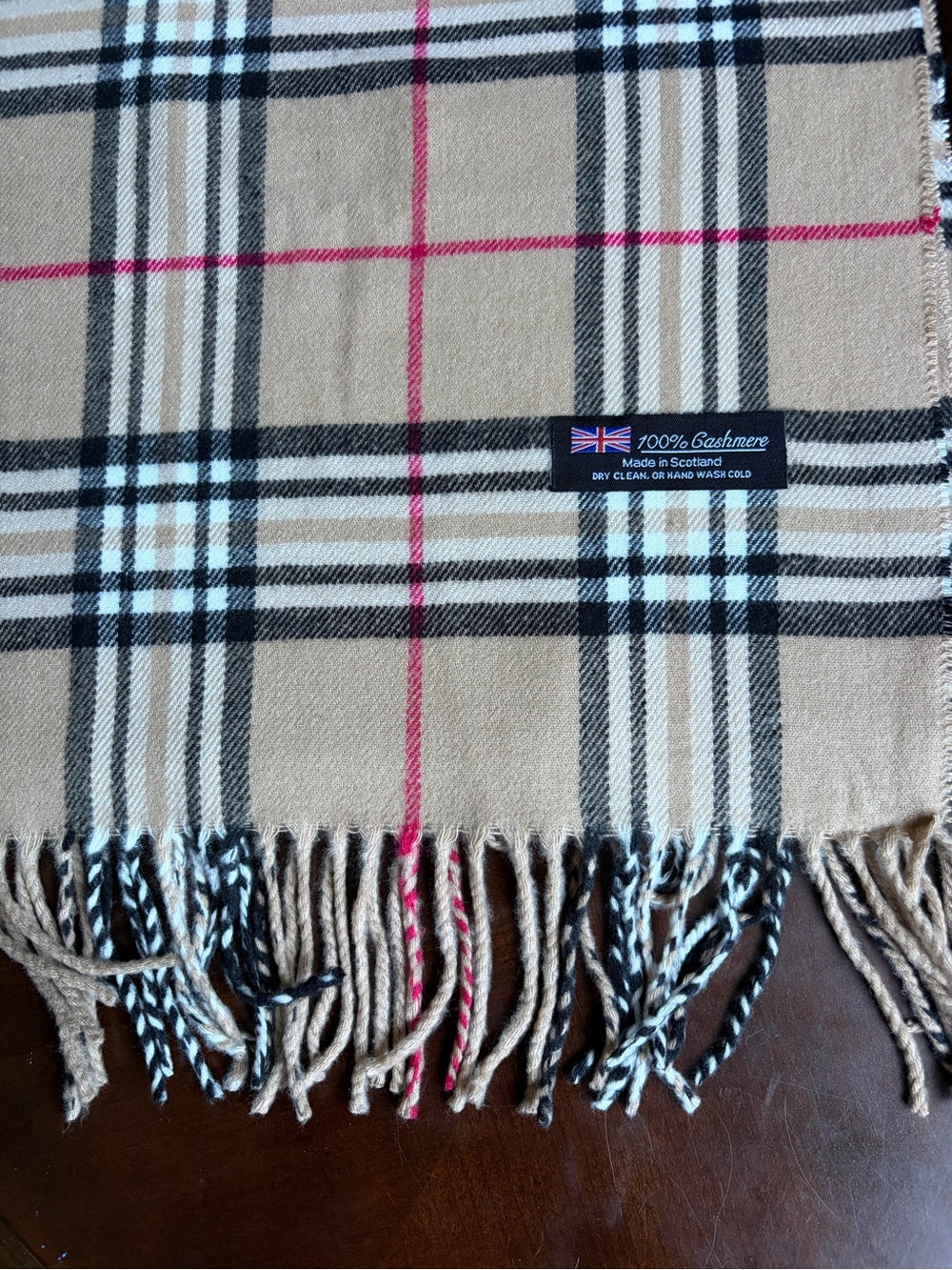 Beige Plaid Cashmere Scarf with Black & Red Check